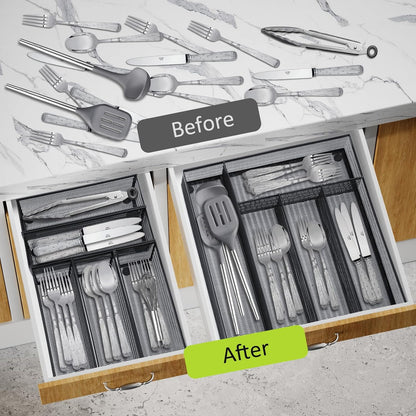 Neudeco Silverware Drawer Organizer - 5 Compartment Cutlery Tray with Non-Slip Feet, Mesh Wire Flatware Storage Divider for Kitchen, Bedroom, Living Room (Silver)