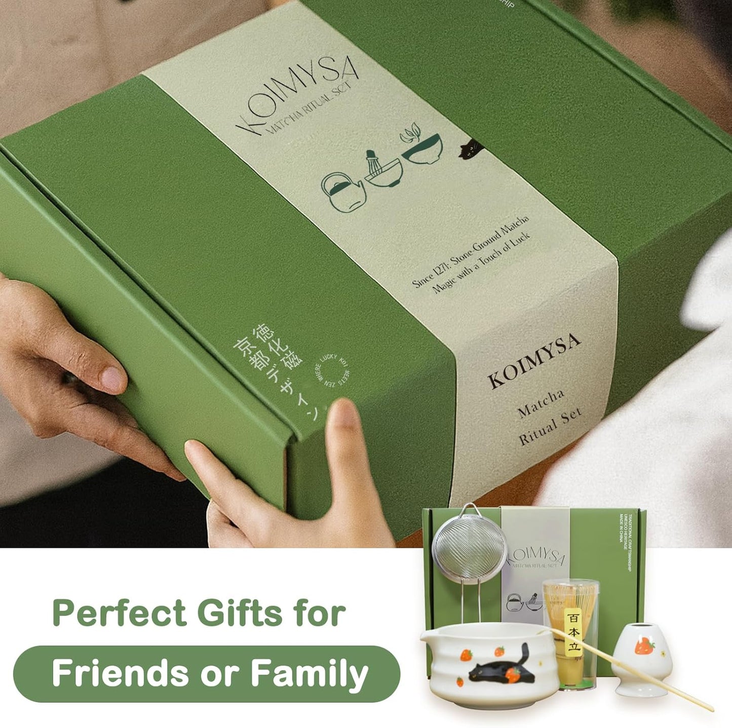 Matcha Whisk Set, 5 Pcs Traditional Japanese Matcha Whisk Preparation Kit, White Glossy Ceramic Bowl with Black Cat and Strawberry Pattern