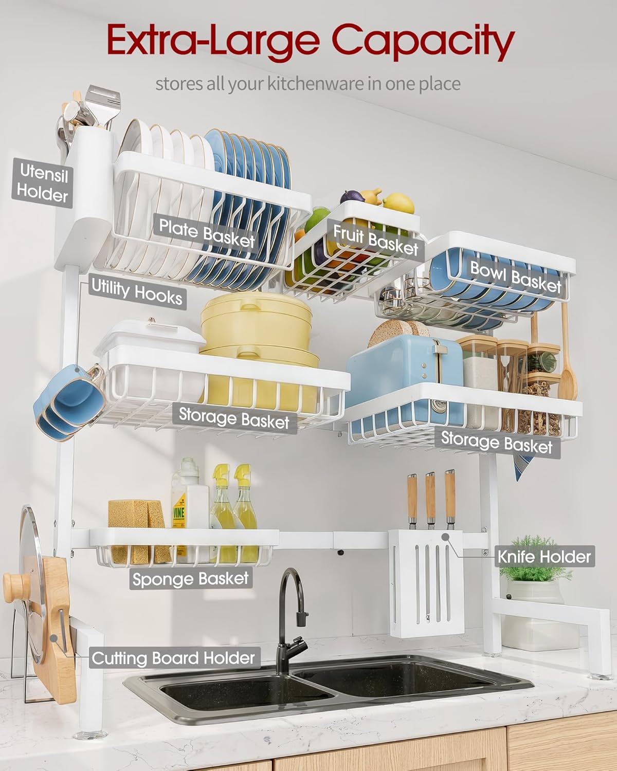 Sakugi Over The Sink Dish Drying Rack, Expandable 2-Tier Stainless Steel Kitchen Storage Organization Accessories for Countertop, Rustproof & Space-Saving, 30"–34.5" L x 12" W x 25" H, Black