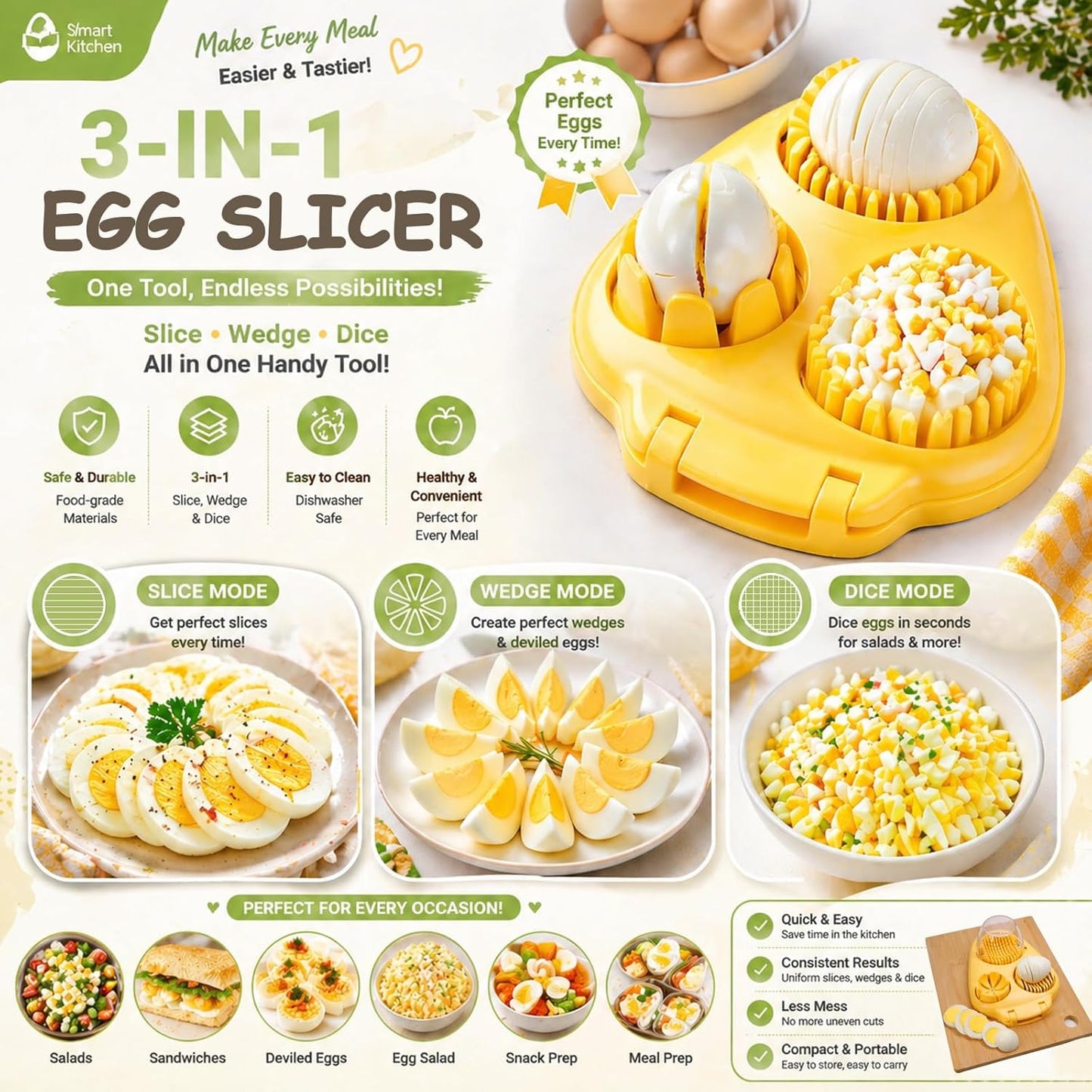 JAYVAR Egg Slicer for Hard Boiled Eggs - 3 Slice Modes Egg Chopper, Eggs Cutter with Sturdy Stainless Steel Wire, Strawberry Slicer, Dishwasher Safe Boiledegg Slicers with Container for EggSalad