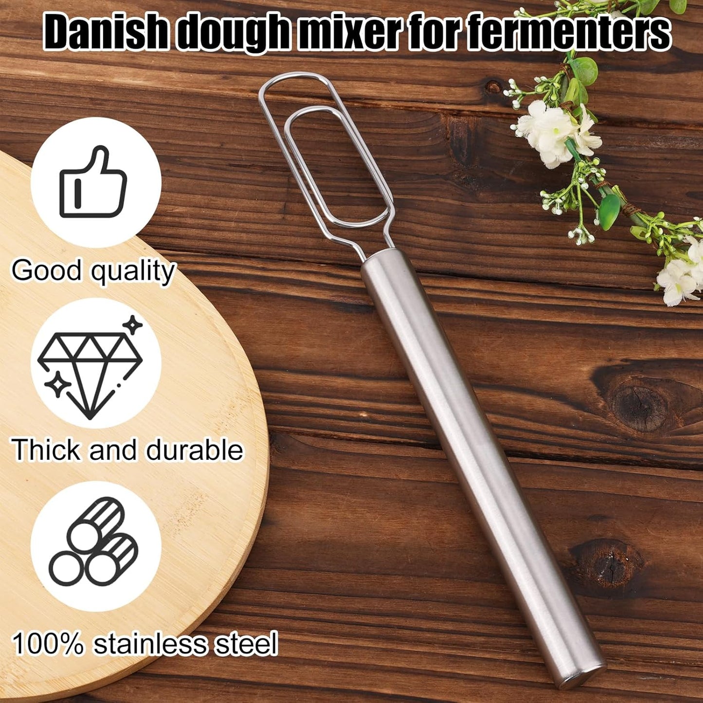 2pcs Dough Whisks, Stainless Steel Durable Dough Mixer Hand Tools Reaches Jar Bottom Bread Whisk Tool for Pizza Bread Cake Eggs Mixing