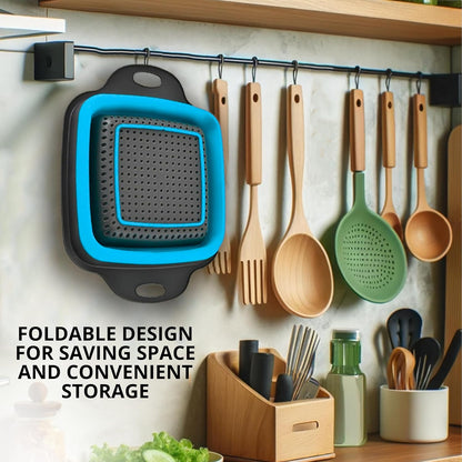 Green Kitchen Strainer Colander Set - 2 PCS Multifunctional Colander Silicone Food Strainers for Kitchen for Pasta and Spaghetti Collapsible with Plastic Handles