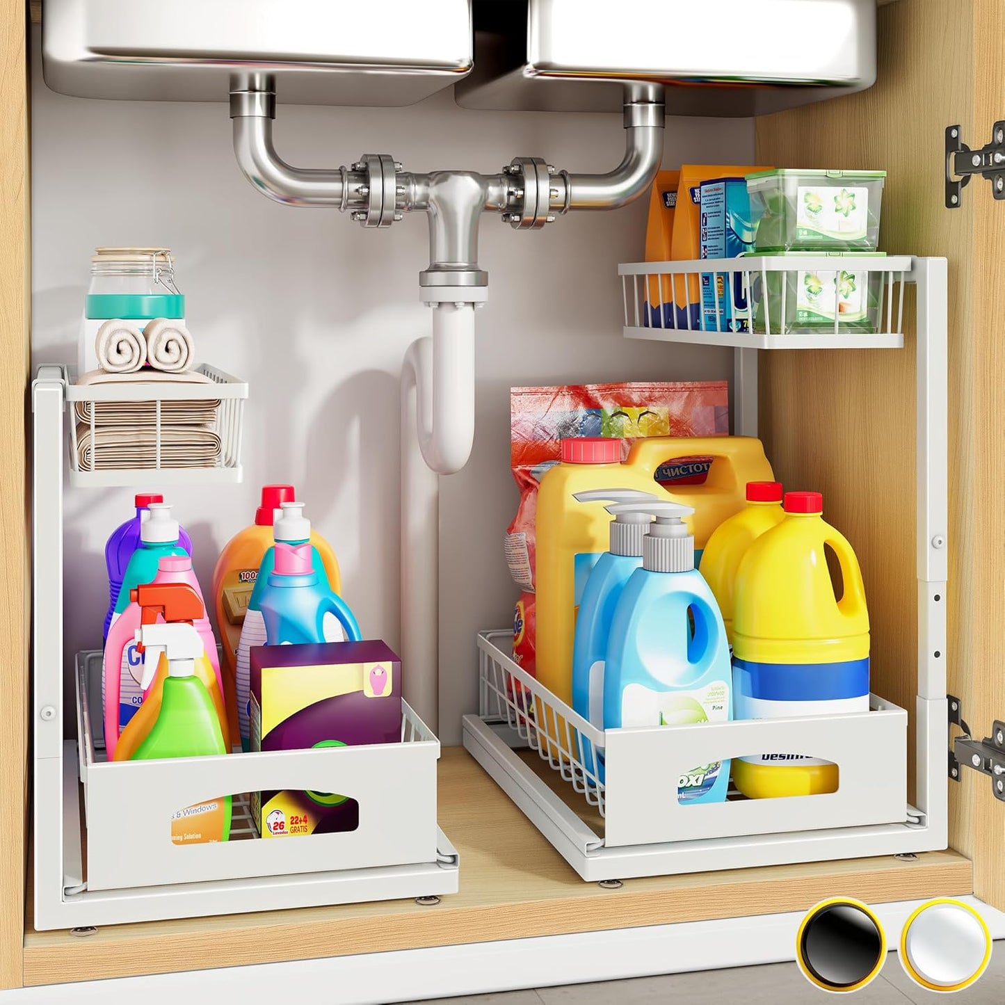 Under Sink Organizer, 2 Pack Cabinet Organizer for Kitchen, Height Adjustable Pull Out Heavy Duty 2 Tier Metal Under Sink Storage for Bathroom Pantry (Black, 2 Pack)