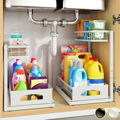 Under Sink Organizer, 2 Pack Cabinet Organizer for Kitchen, Height Adjustable Pull Out Heavy Duty 2 Tier Metal Under Sink Storage for Bathroom Pantry (Black, 2 Pack)