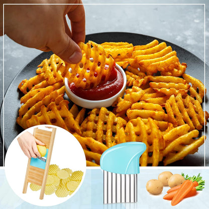 2 Pcs Wave Waffle Crinkle Cutter Set Stainless Steel French Fry Cutter for Potatoes Slicer Crinkle Choppers Potato Lattice Carrot Chip Maker for Kitchen Tools(Blue)