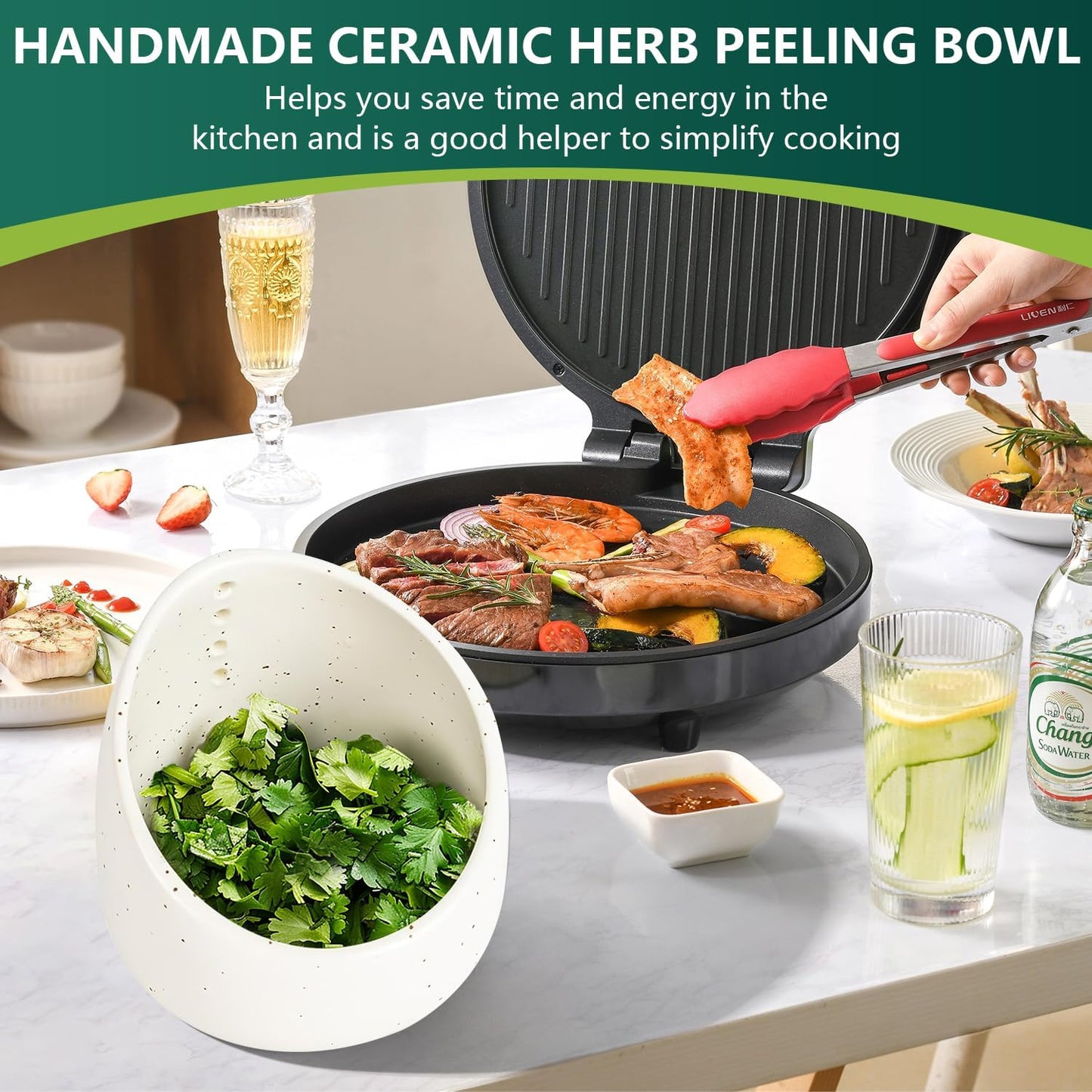 Pottery Herb Stripper Bowl, Handmade Ceramic Herb Peeling Bowl, for Separating Leaves and Stems (Green)