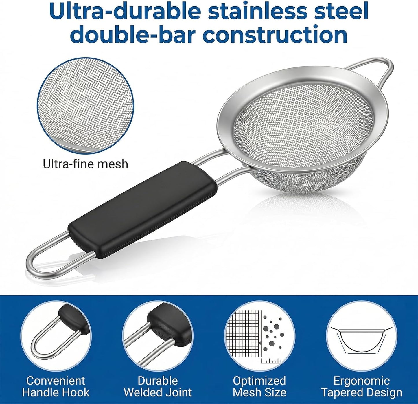 Strainers Fine Mesh, 3.3" Fine Cocktail Strainer Juice Strainers Stainless Steel Small Metal Strainer for Loose Tea Mini Sifter with Handle for Cocktail Tea Coffee Juice