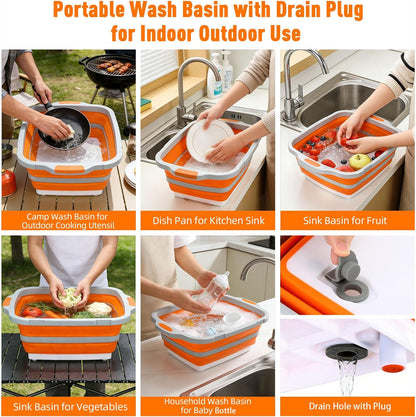 8L Collapsible BBQ Prep Tub with Locking Lid Cutting Board for Marinating Food Storage - Portable Wash Basin Colander for Kitchen Camping Sink - Foldable Bucket for Household Baking Picnic Tailgate