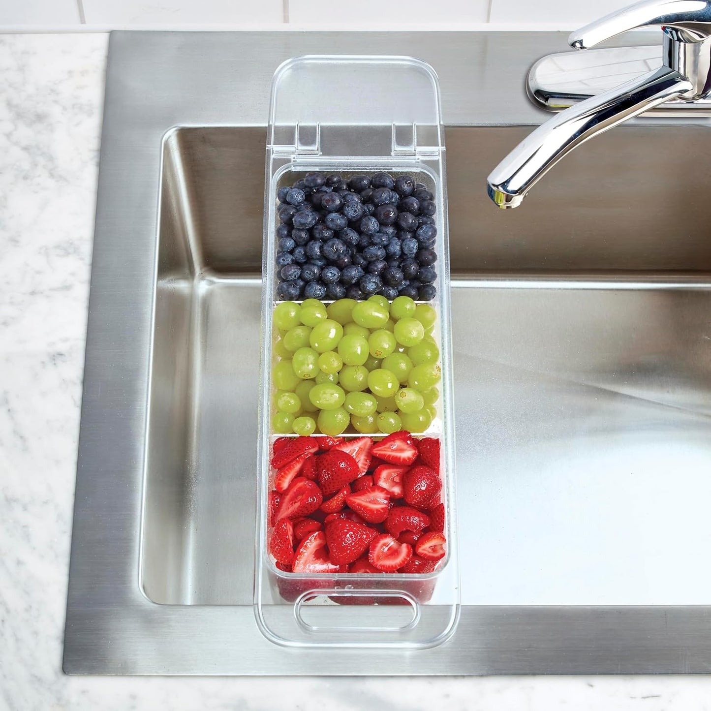 Copco Over the Sink Colander and Fridge Storage Bin with Folding Handle for Rinsing and Storing Fruits and Vegetables, Clear/Gray