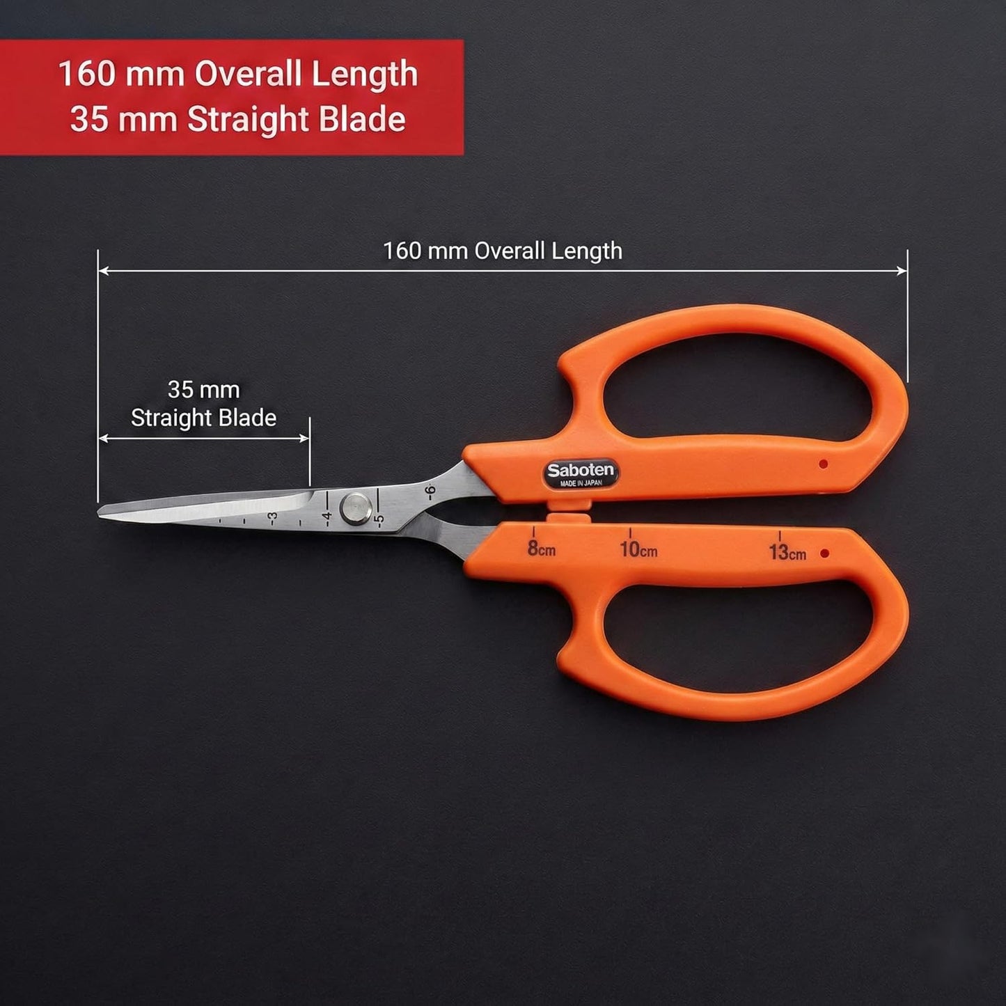 Saboten Stainless Steel Angled Blade Trimming Scissors Orange PT-13 160mm Precision Gardening Bonsai and Floral Shears Made in Japan