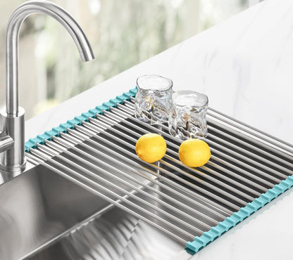 Tomorotec 17.7" x 15.5" Roll Up Dish Drying Rack Over Sink Drying Rack Sink Cover Kitchen Sink Accessories Gadget Multipurpose Organizer Foldable Stainless Steel Drainer