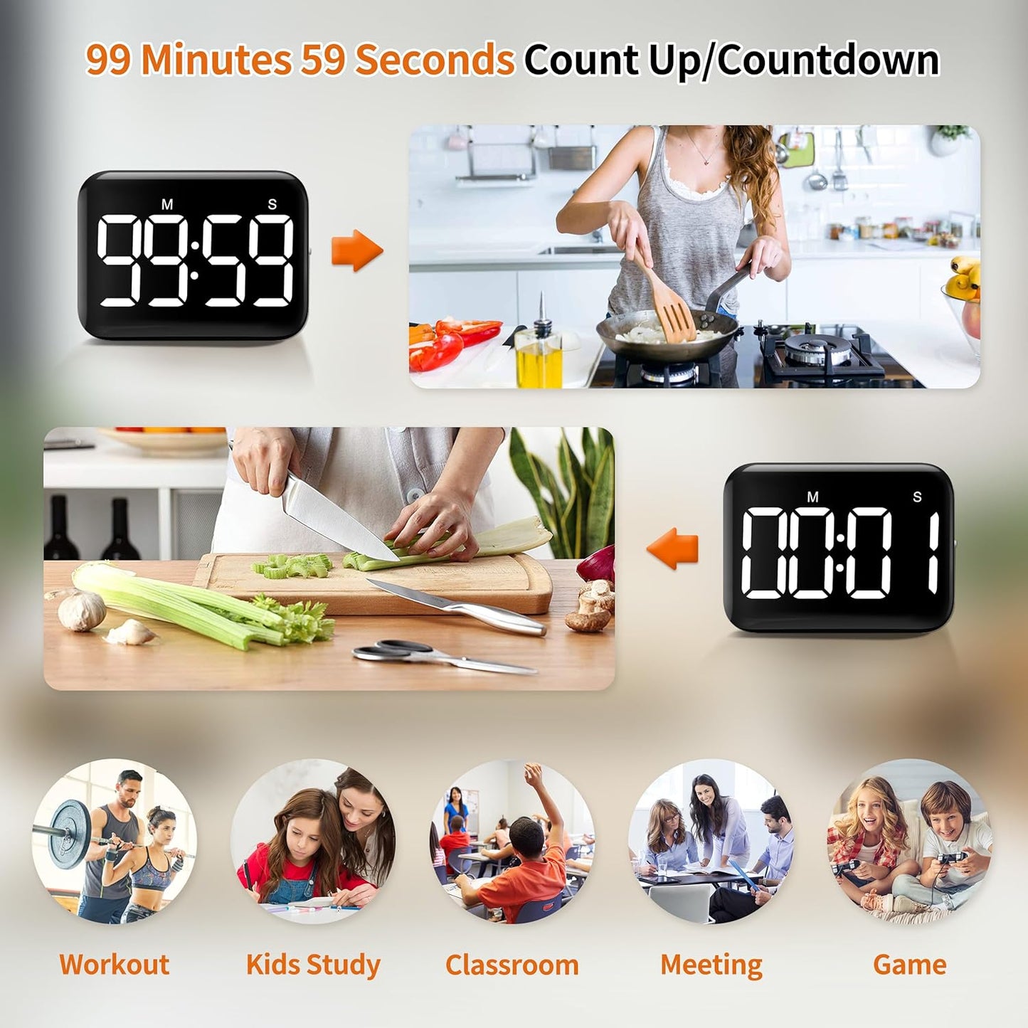 VOCOO Magnetic Kitchen Timer for Cooking with Count Up Countdown, Digital Timer Battery Powered with Large Display, 2 Brightness and Volume Levels for Classroom, Teacher, Kids (Red)