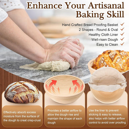 TeamFar Sourdough Bread Baking Supplies, 9” Round and 10” Oval Sourdough Starter Kit, Proofing Basket Set with Cloth Liner, Bread Lame, Whisk Dough, Bowl Scraper, Brush