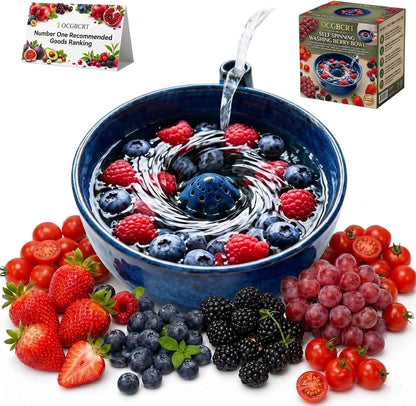 Self Spinning Washing Berry Bowl, Original Ceramic Fruit Vortex Washer with Drainage Holes, Quick Rotating Swirl Colander Basket for Kitchen Counter, Handmade Cleaning Strainer Equipment