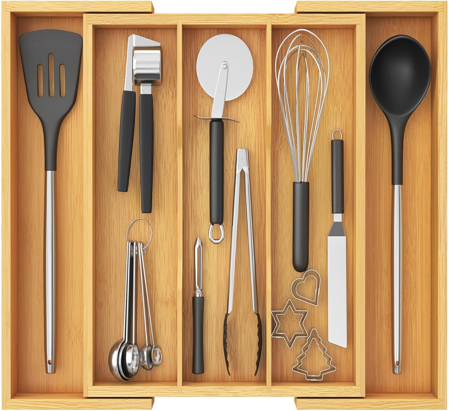 Lifewit Utensil Organizer for Kitchen Drawer, Expandable Cooking Utensil Tray, Cutlery Silverware Flatware Holder, Wood Adjustable Spatula Tools Storage Divider, 8.9-15.8 x 15.75, Natural