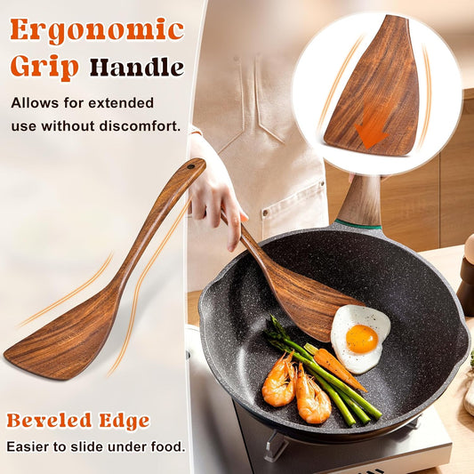 2Pcs Wooden Spatula, Acacia Solid & Slotted Turner Spatula Set, Long Handle Flat Frying Spatulas, Ideal Kitchen Gift for Mother and Grandma, Kitchen Utensils Set for Cooking, Frying, Baking