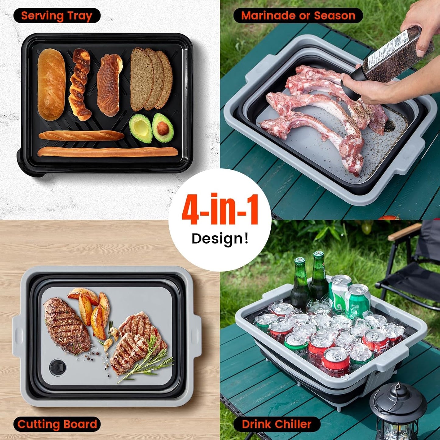 Collapsible BBQ Prep Tub with Locking Cutting Board Lid - 17.5" Meat Marinating Container & Brisket Prep Station, Space-Saving Portable Sink for Grilling, Camping & RV