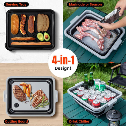 Collapsible BBQ Prep Tub with Locking Cutting Board Lid - 17.5" Meat Marinating Container & Brisket Prep Station, Space-Saving Portable Sink for Grilling, Camping & RV