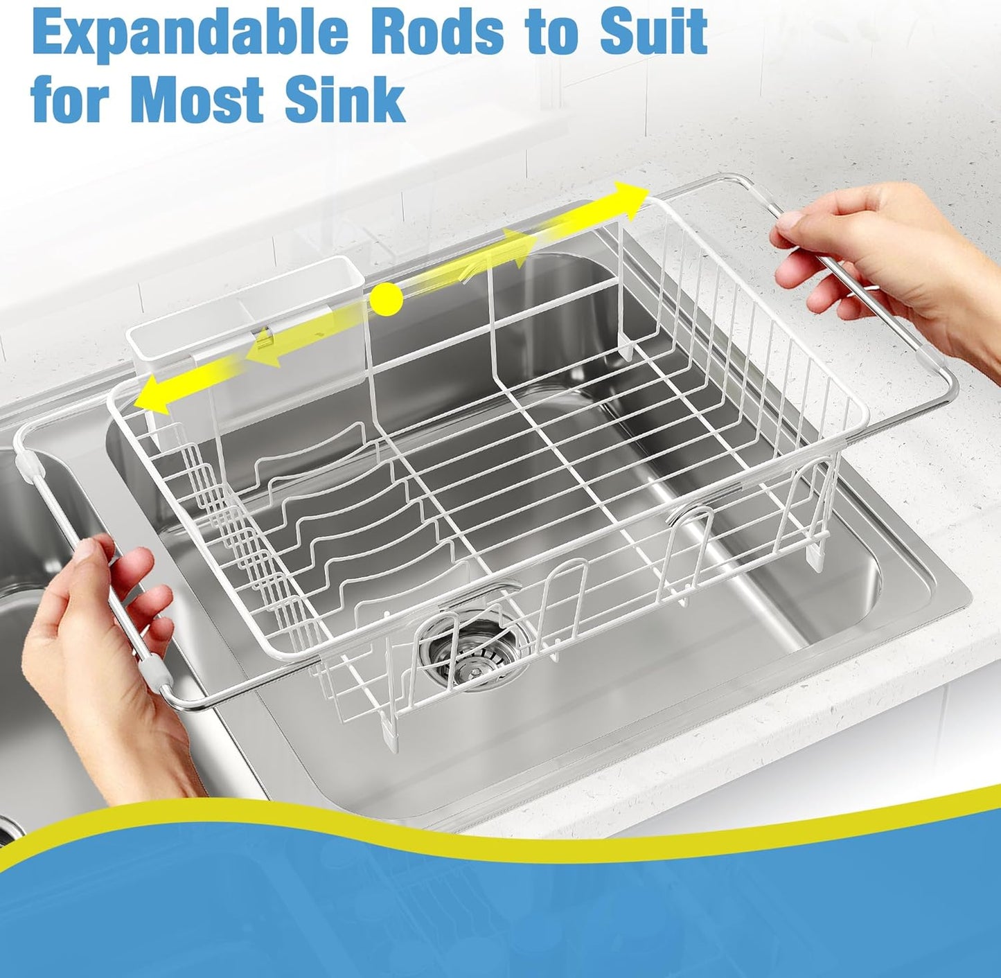 JASIWAY Roll Up Dish Drying Rack, Expandable (12.8"-23.8" D x 12.8" W) Stainless Steel Portable Drainer for Kitchen Sink Counter, Foldable Over The Sink Cover with Removable Utensil Holder