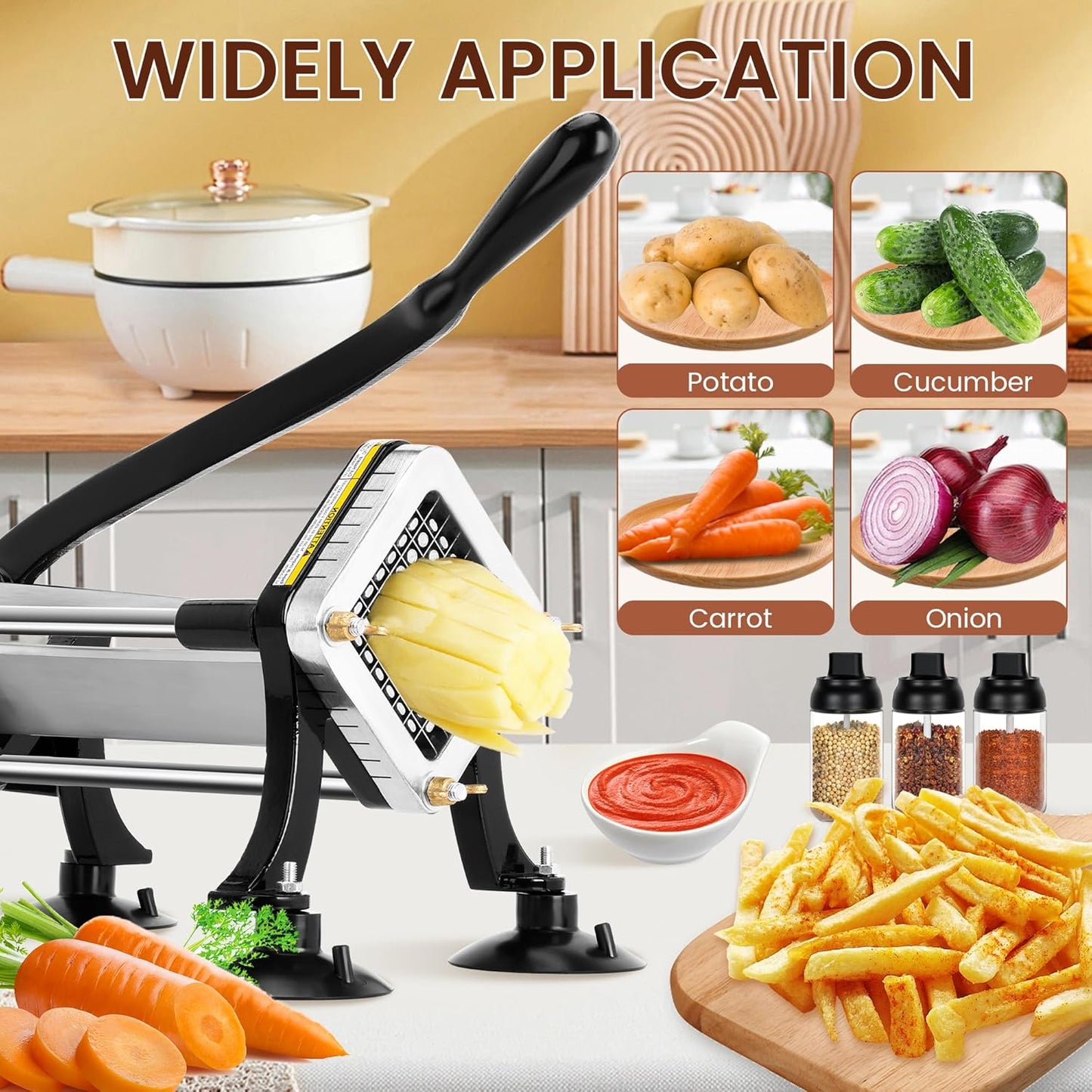 BIEAMA Commercial French Fry Cutter, Potato Cutter with 1/4", 3/8", 1/2" Stainless Steel Blades, French Fries Cutter for Carrots