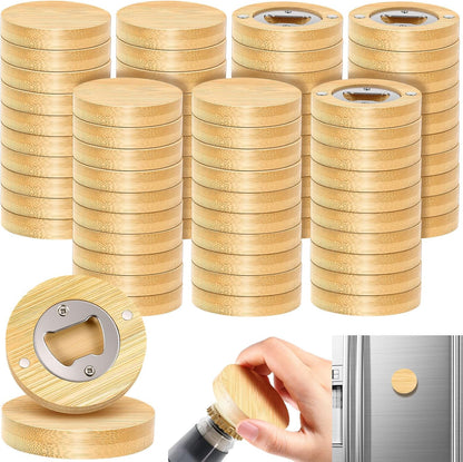 Vesici 100 Pcs Magnetic Bottle Opener 2.5in DIY Bamboo Round Shape Beer Openers Wooden Fridge Magnet Refrigerator Sticker Gift for Beer Lover Wedding Guest Kitchens Bars Parties