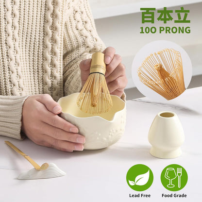 Matcha Whisk Set, 5 Pcs Ceramic Matcha Set, Matcha Kit Set Includes Matcha Bowl, Matcha Whisk and Holder, Bamboo Scoop and Sifter, Matcha Tea Set, Ideal Gift for Family/Friend (Pink)