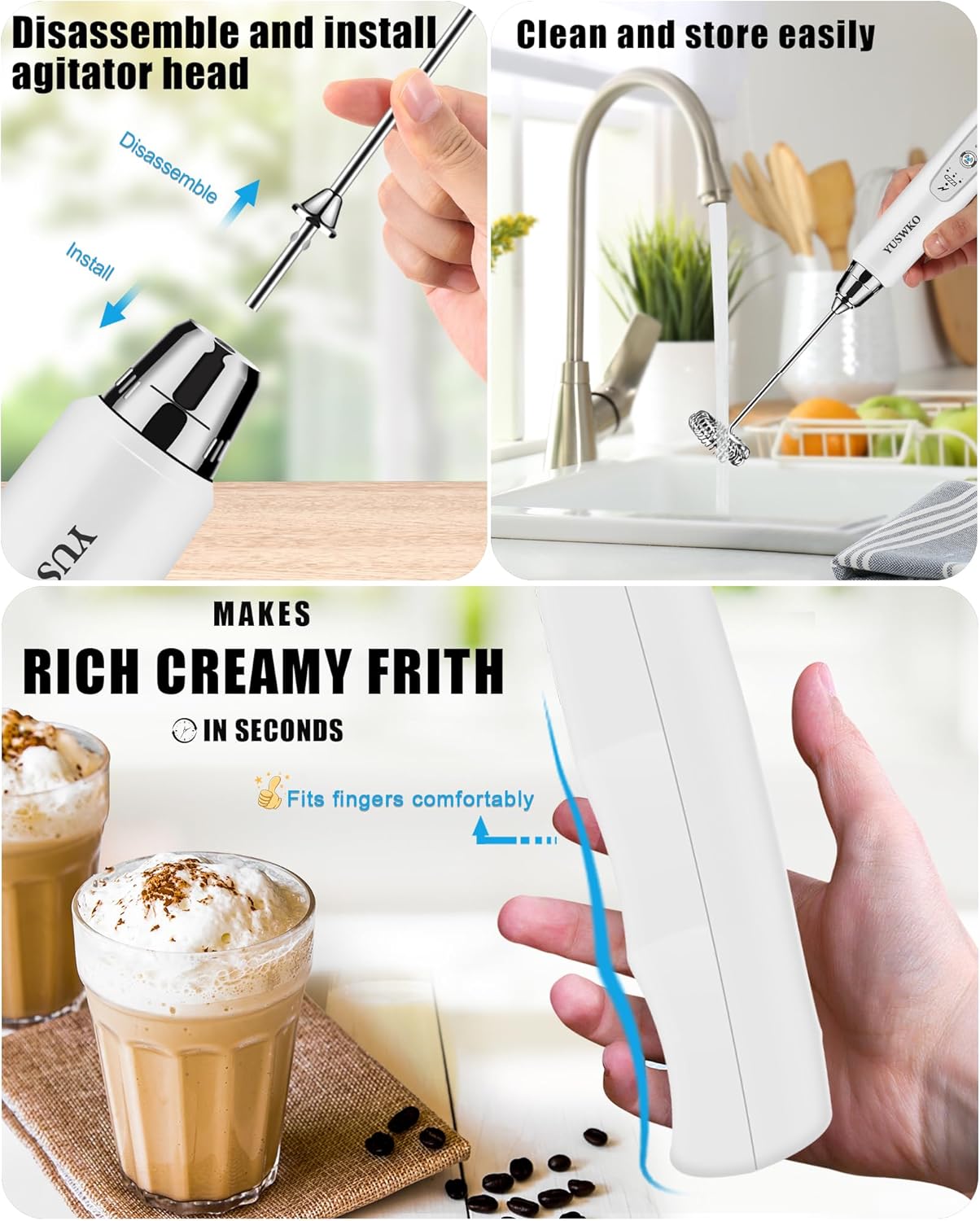 YUSWKO Black Handheld Milk Frother Wand for Coffee, Rechargeable Electric Whisk with 3 Heads 3 Speeds Drink Mixer Coffee Frother For Latte, Cappuccino, Hot Chocolate, Egg