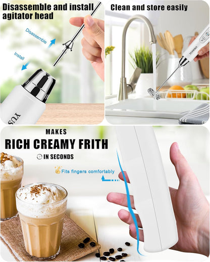 YUSWKO Black Handheld Milk Frother Wand for Coffee, Rechargeable Electric Whisk with 3 Heads 3 Speeds Drink Mixer Coffee Frother For Latte, Cappuccino, Hot Chocolate, Egg