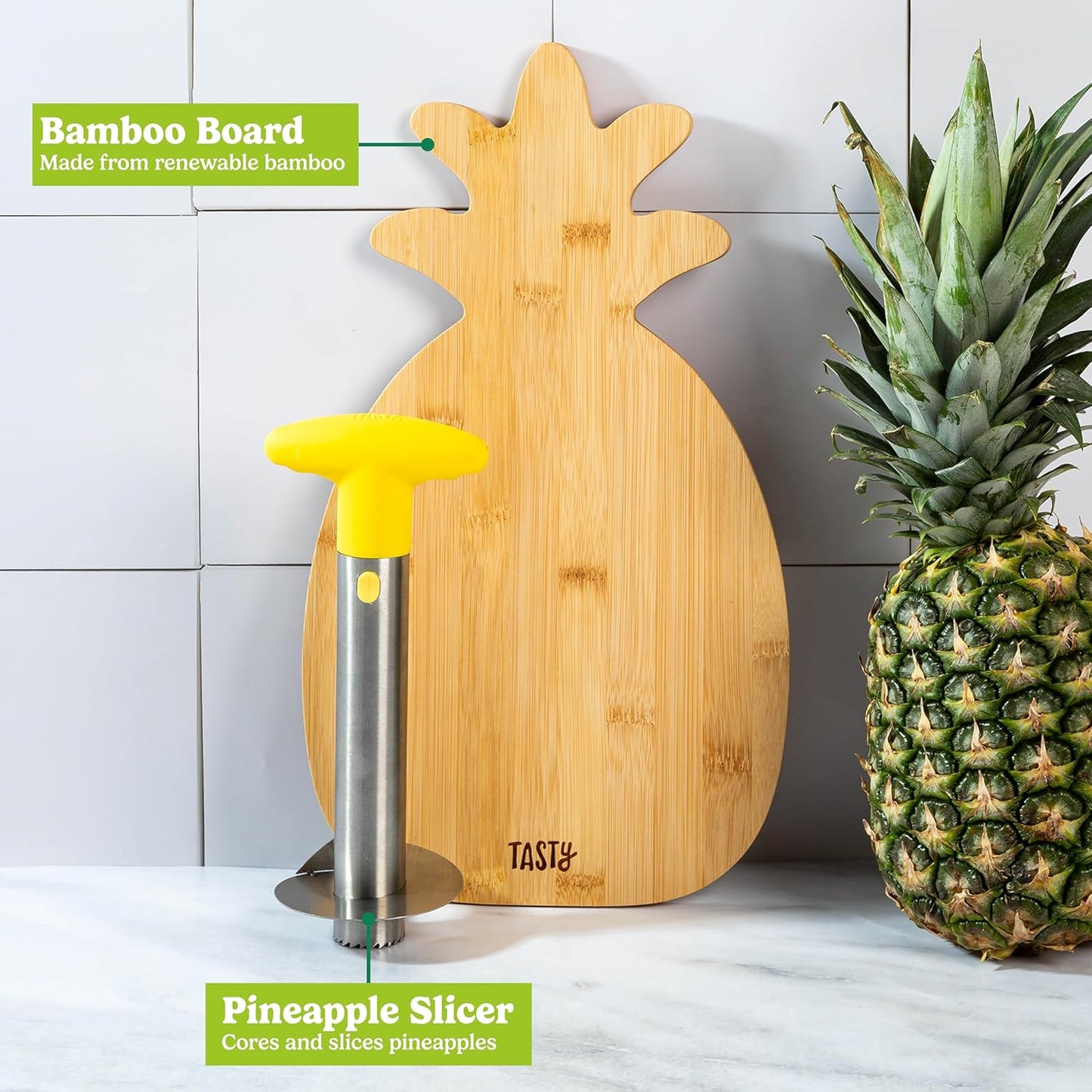 Tasty Pineapple Slicer and Bamboo Board Set, Cores and Slices Pineapples, Set Includes Renewable Bamboo Pineapple Shaped Cutting Board and Stainless Steel Slicer with Nonslip Handle, 2-Piece Set