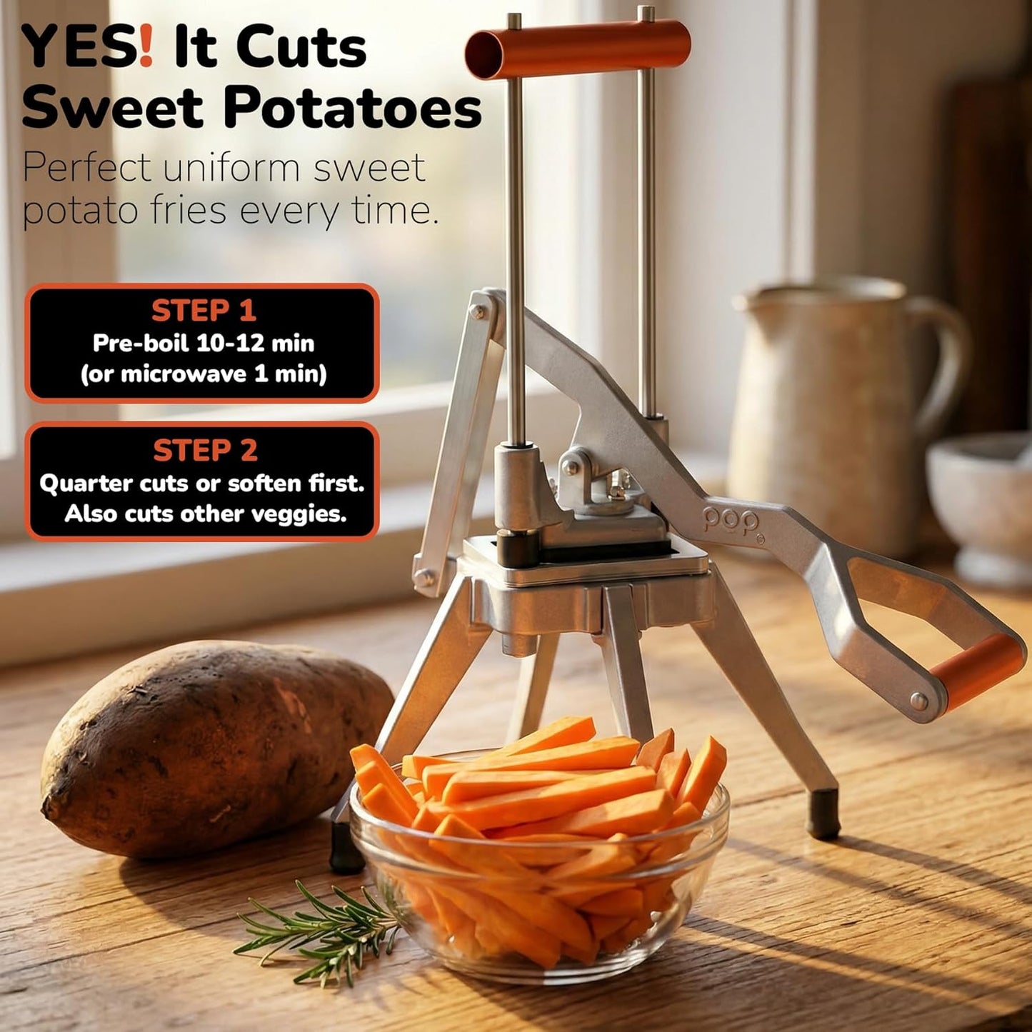 Commercial Grade French Fry Cutter, Sweet Potato & Yam Capable, Removable Legs and Case for Compact Storage, 3 Blade Sizes (1/4"- 3/8"- 6-Wedge), Potato, Fruit and Vegetable Slicer & Dicer by POP
