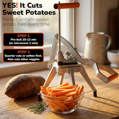 Commercial Grade French Fry Cutter, Sweet Potato & Yam Capable, Removable Legs and Case for Compact Storage, 3 Blade Sizes (1/4"- 3/8"- 6-Wedge), Potato, Fruit and Vegetable Slicer & Dicer by POP