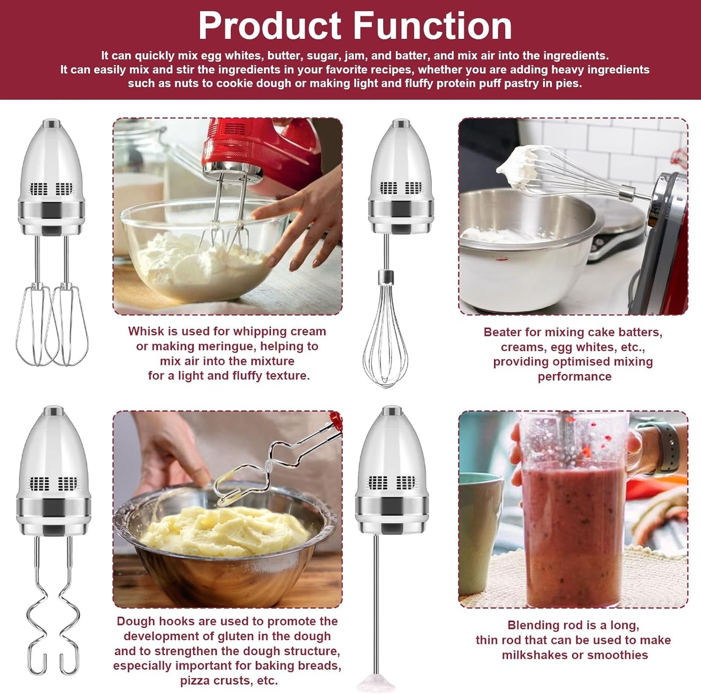 Hand Mixer Attachments Beater, Whisk, Blending Rod and Dough Hooks, Stainless Steel Hand Mixer Accessories Compatible with Kitchenaid Hand Mixers KHM3 KHM5 KHM7 KHM9, Set of 6