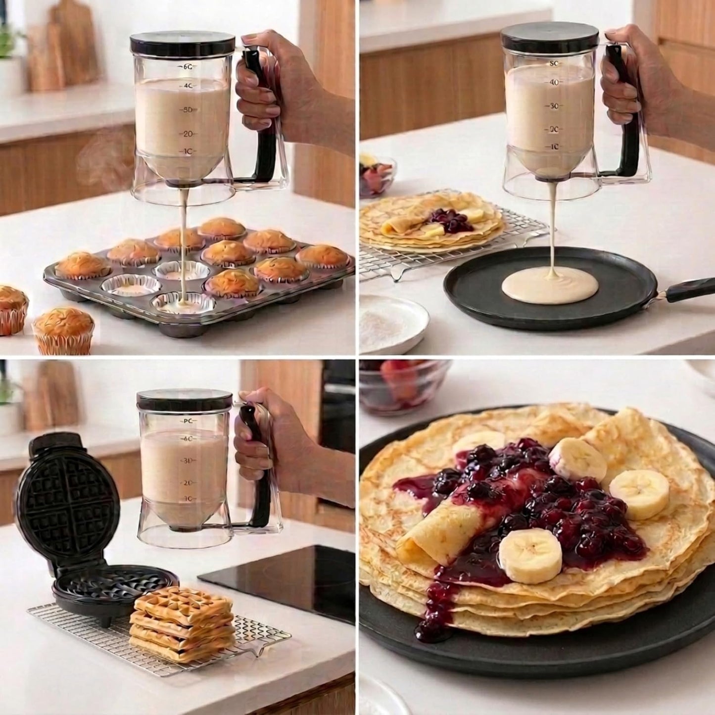 Complete Pancake & Cupcake Batter Dispenser Set - 4 Cup Capacity with Silicone Spatula, Basting Brush & Egg Rings - BPA Free All-In-One Breakfast & Baking Kitchen Tool for Home Cooking