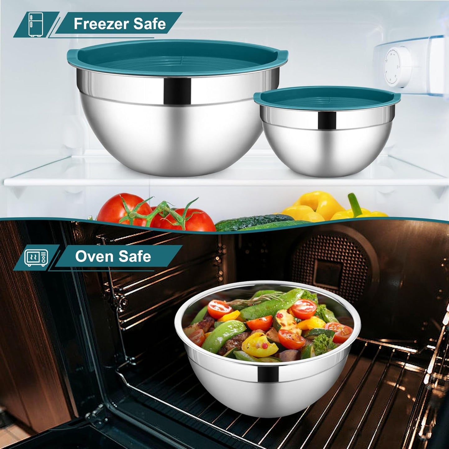 LIANYU Stainless Steel Mixing Bowls Sets of 6, Large 7, 3.5, 2.5, 2, 1.5, 1QT Size with Transparent Airtight Lids, Metal Nesting Serving Bowl Sets for Home Kitchen, Dishwasher & Freezer Safe, Black