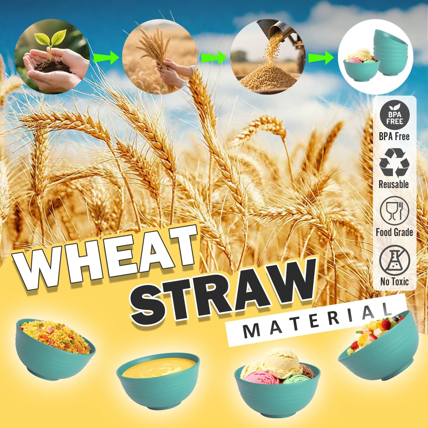 Wheat Straw Bowls Set with Lids, Unbreakable 40 OZ Cereal Bowls Set of 4, Salad Container for Lunch, Microwave & Dishwasher Safe Bowl Set for Kitchen, Picnic, RV, Camping, Multi