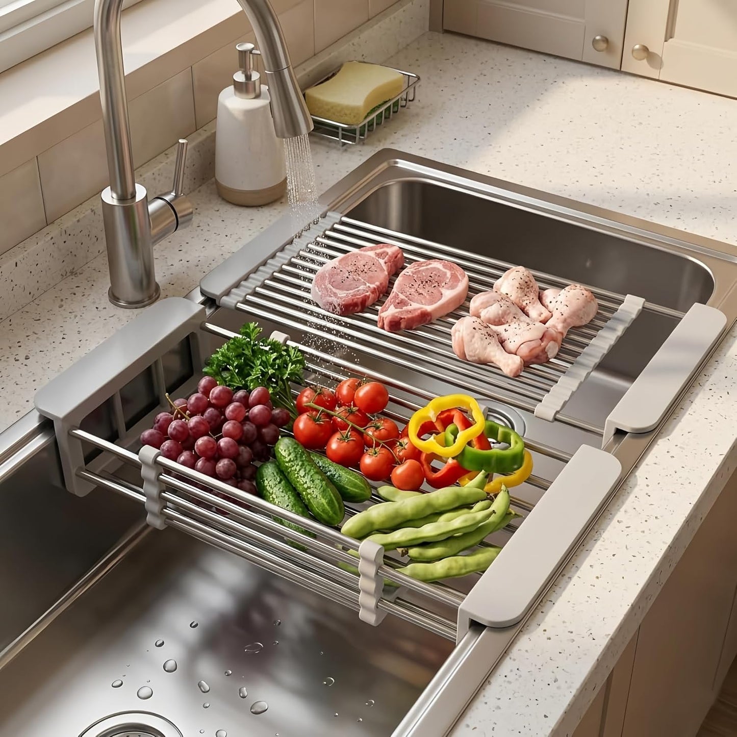 Expandable Over Sink Dish Drying Rack, Stainless Steel Kitchen Organizer, Adjustable Countertop Drainer for Plates, Bowls, Utensils (Gray, Small)