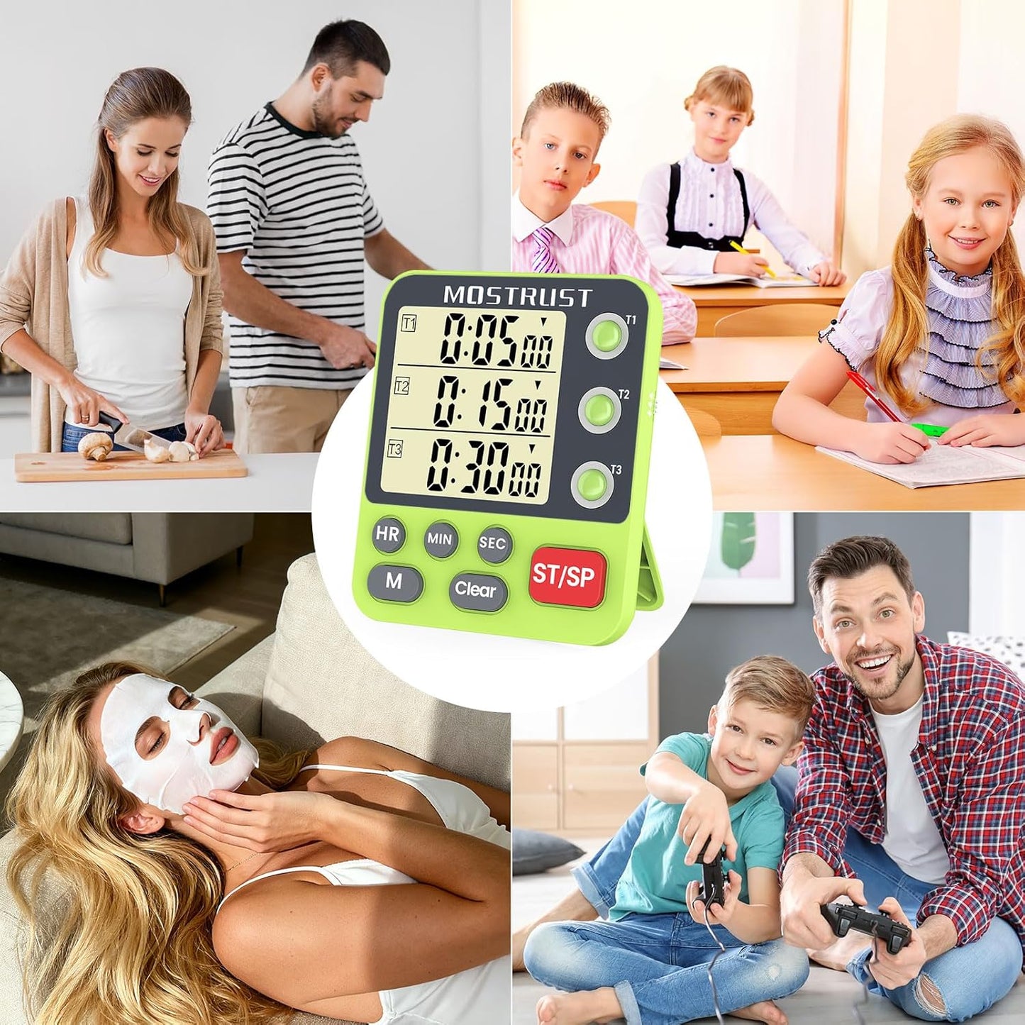 Digital Dual Kitchen Timer, 3 Channels Triple Countdown Timer for Cooking, Magnetic Memory-Preset Large Display Adjustable Volume, Multi Time Management, 3A Battery Included, Black