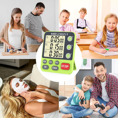 Digital Dual Kitchen Timer, 3 Channels Triple Countdown Timer for Cooking, Magnetic Memory-Preset Large Display Adjustable Volume, Multi Time Management, 3A Battery Included, Black