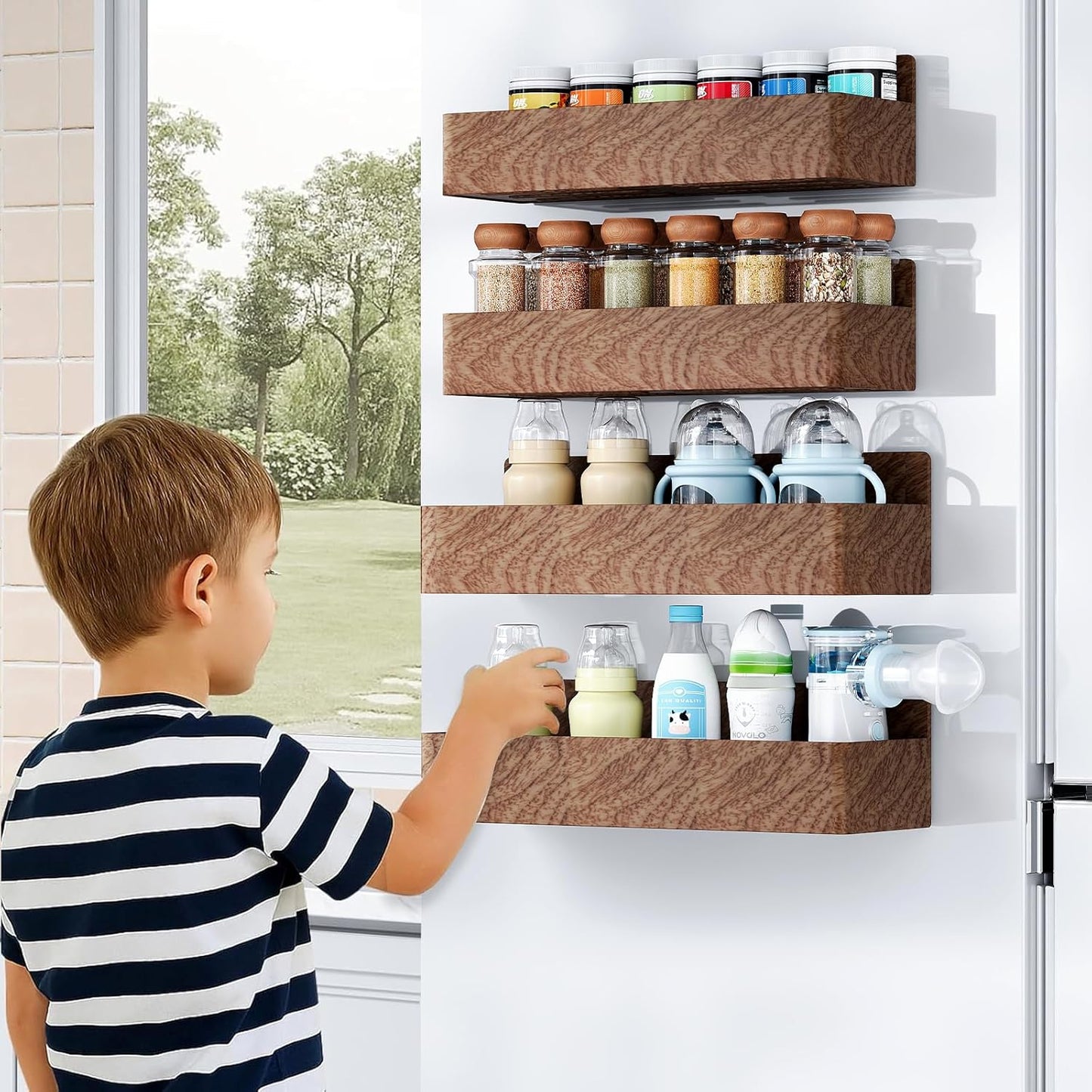 Mystozer Magnetic Spice Rack for Refrigerator, Kitchen Organizer and Storage Shelf, Black (4 Pack)…