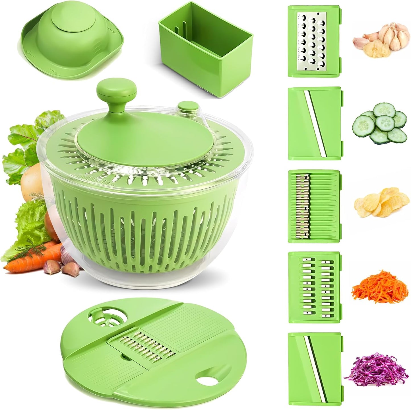 5-in-1 Salad Spinner Large with Lid Vegetable Washer and Dryer Fruit Cleaner Vegetable Chopper & Slicer with 5 Blades, 5 Qt Lettuce Spinner Strainer Shredder Bowl Egg Yolk Separator for Easy Meal Prep