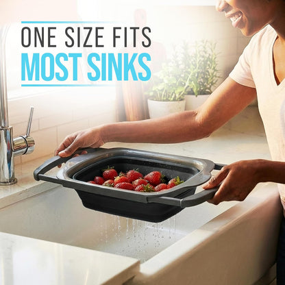 Comfify XL Large Kitchen Strainer - Collapsible Silicone Over - The-Sink Colander with Extendable Handles - Use with Pasta, Fruit, Berries & Veggie - 6 Quart - Blue