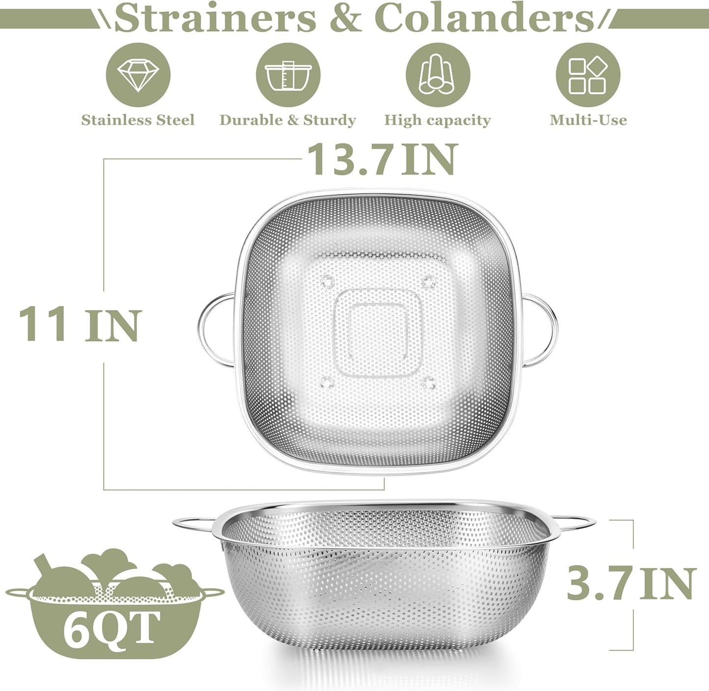 E-far 3 Pack Colander for Kitchen, Square Stainless Steel Metal Strainer Colander with Handle for Draining Food Pasta Vegetable, Micro-Perforated & Elevated Feet, Dishwasher Safe(2.4/4/6QT)
