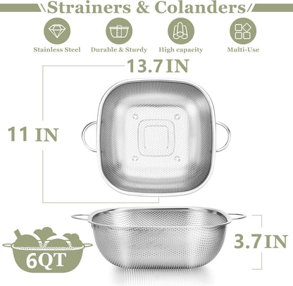E-far 3 Pack Colander for Kitchen, Square Stainless Steel Metal Strainer Colander with Handle for Draining Food Pasta Vegetable, Micro-Perforated & Elevated Feet, Dishwasher Safe(2.4/4/6QT)