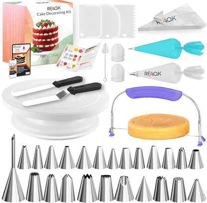 RFAQK 90PCs Cake Decorating Kit with Leveler, Baking Supplies Gift Includes Cake Stand Turntable, 24 Numbered Icing Tips, 55+1 Piping Bags, 2 Frosting Spatulas, 3 Scrappers, Video Course & Booklet