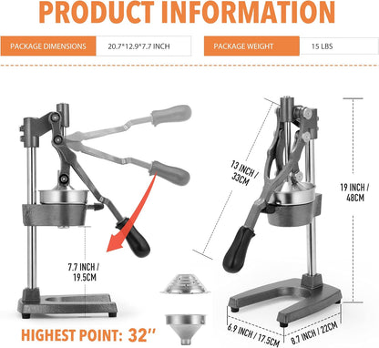 Commercial Heavy Duty Cast Iron Hand Press Manual Orange Citrus Lemon Lime Grapefruit Pomegranate Fruit Juice Squeezer Machine with Stainless Steel Cup