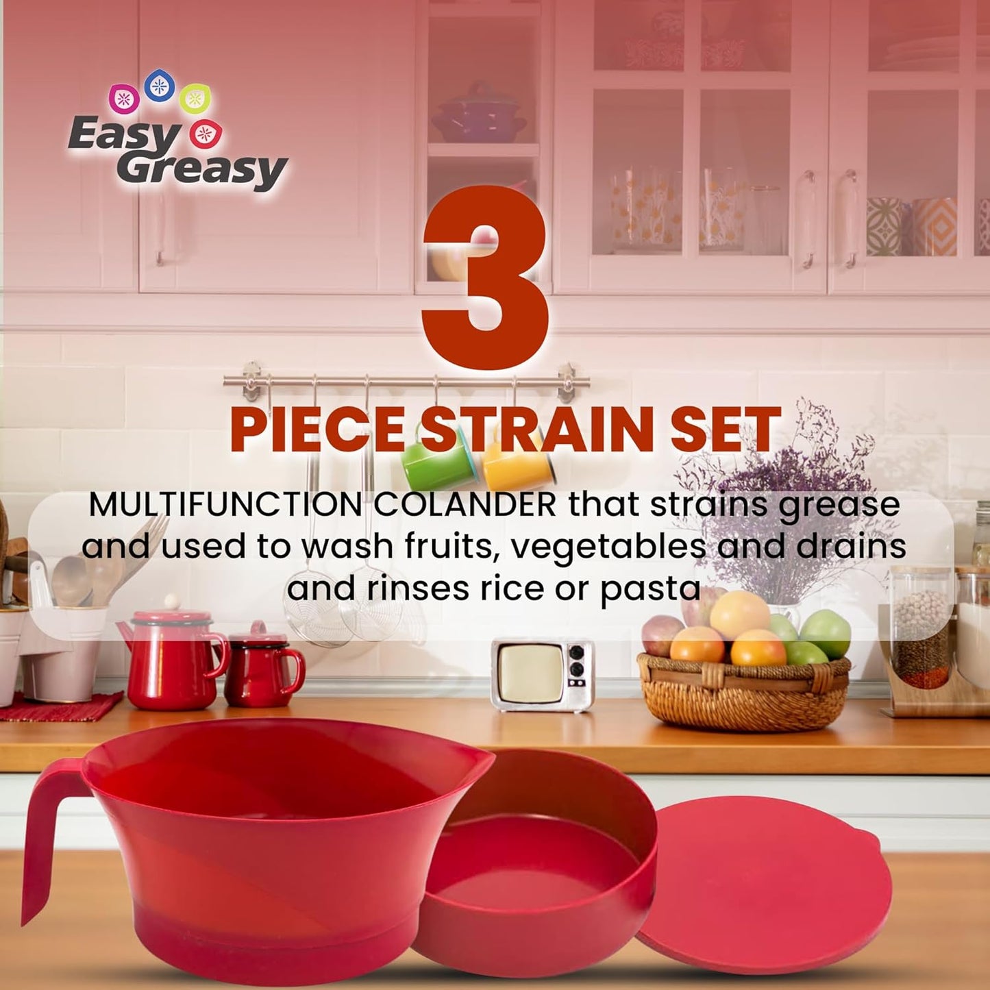 3-Piece Colander Grease Strainer Set – Green Grease Separator with Handle, Container & Lid – Strains Bacon, Pasta, Ground Beef – BPA-Free Kitchen Gadget