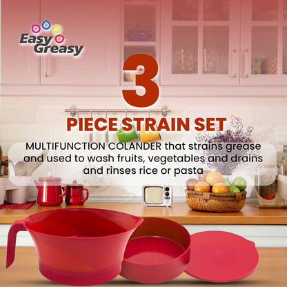 3-Piece Colander Grease Strainer Set – Green Grease Separator with Handle, Container & Lid – Strains Bacon, Pasta, Ground Beef – BPA-Free Kitchen Gadget