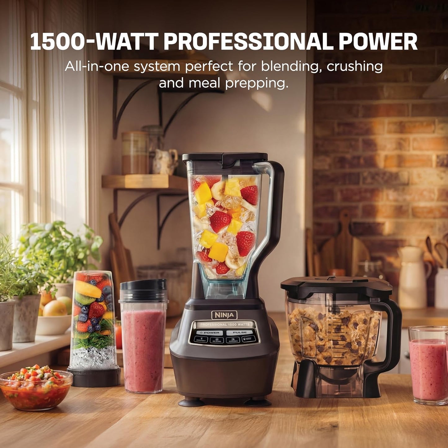Ninja Kitchen System | All-in-One for Smoothies, Frozen Drinks, Veggie Chopper & More | With Full-Size Pitcher, 8 Cup Food Processor Bowl, (2) 18 oz. Cups, | 1200 Watt | Dark Grey | BR601AMZ