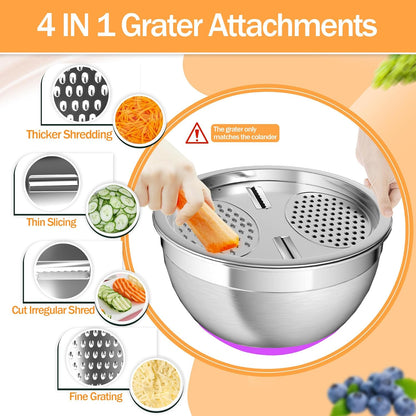 Nicdiet Mixing Bowls with Airtight Lids, Stainless Steel Mixing Bowl Set with 3 Metal Nesting Bowls, Colander & Grater, Non-Slip Bottoms, Size 1.5, 2.5, 5 QT, Great for Mixing & Serving, Khaki