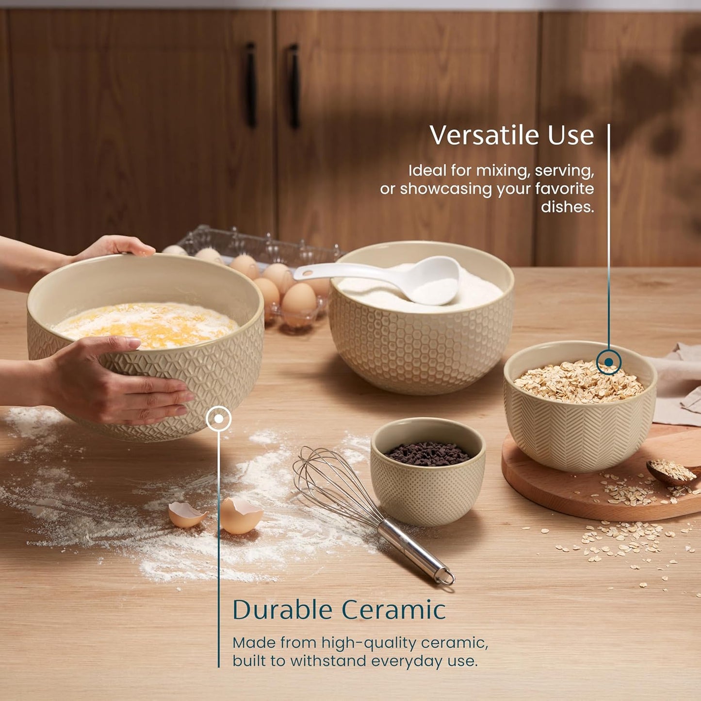 KooK Ceramic Mixing Bowls, Nesting Set of 4, Embossed Kitchen Dishware, Prep, Serving, Gift, Microwave and Dishwasher Safe, 20/44/98/145 oz, Narbonne Collection (Ivory)